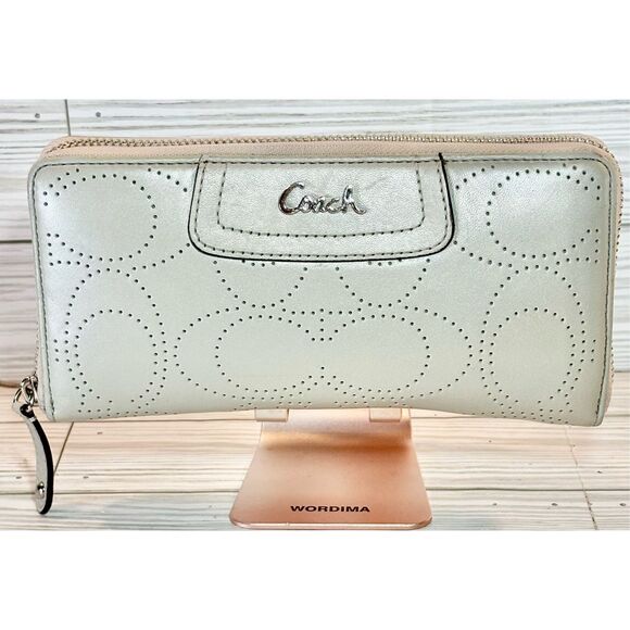 Coach Handbags - Coach Gray Signature Ashley Perforated "C" Leather Long Wallet